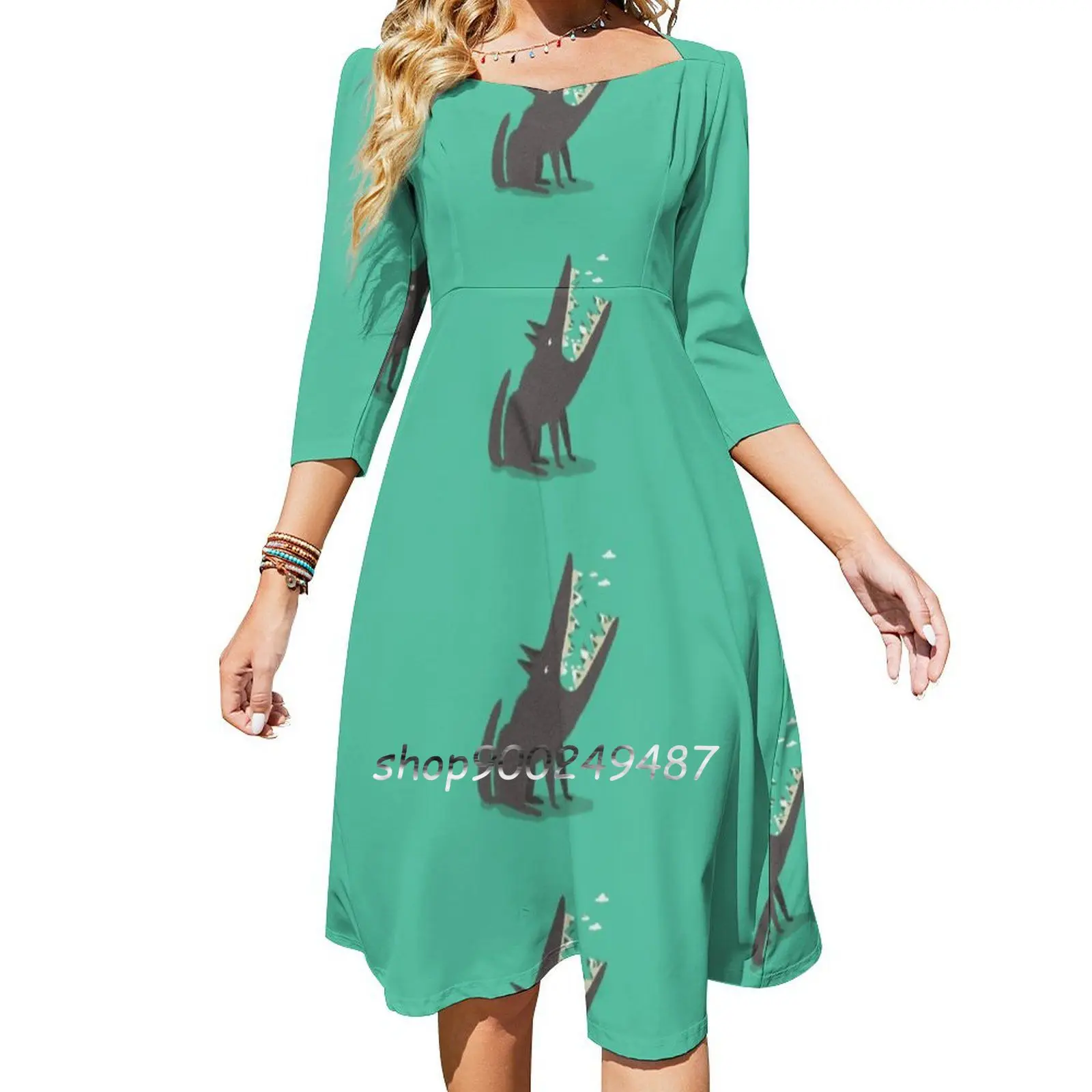 Wolf! Evening Party Dresses Midi Sexy Dress Female Sweet One Piece Dress Korean Wolf Blue Sheep Fir Mountain Deer Nature Teeth