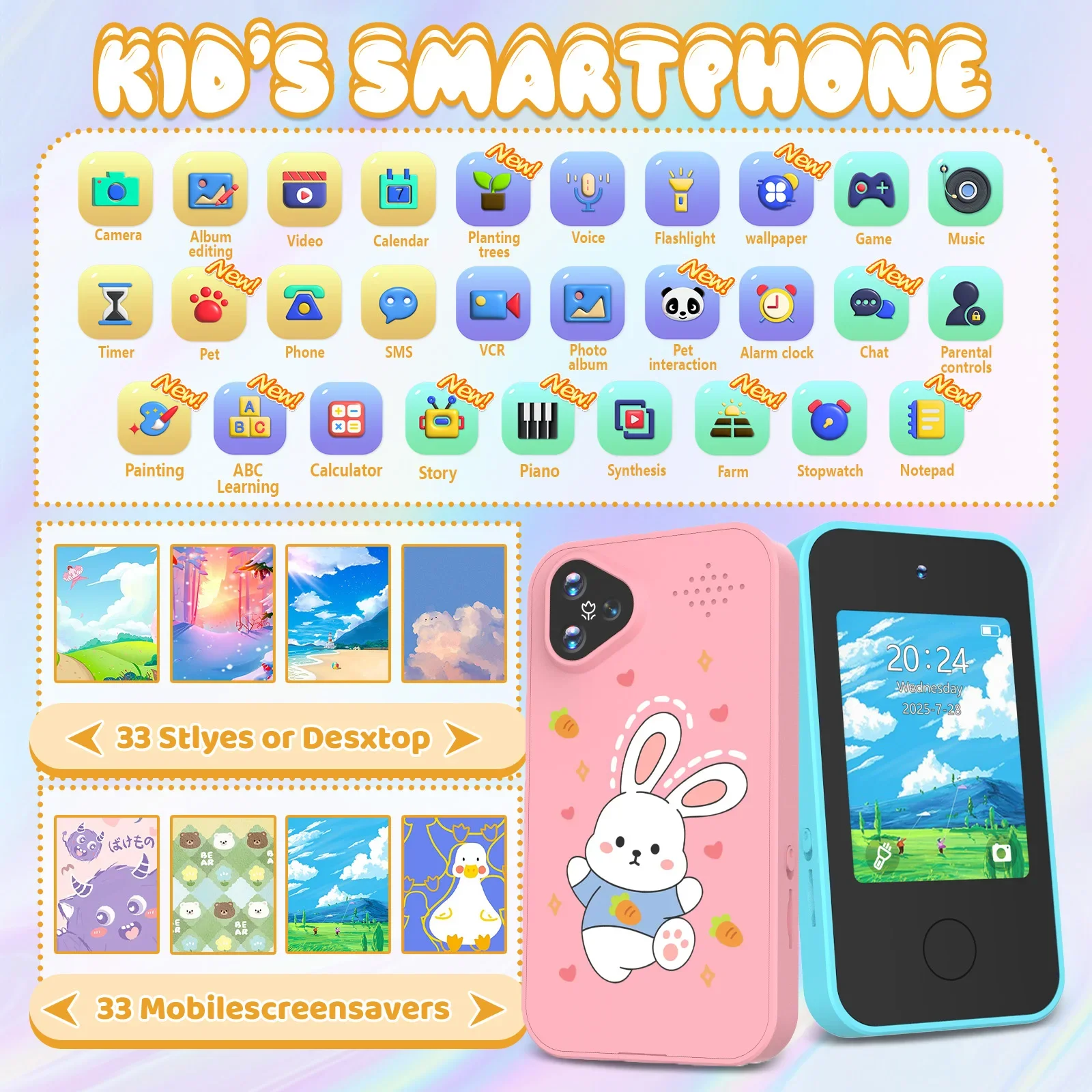 [Smartphone] Smartphone Infantil de 2.8" para Meninas |   Câmera Dupla |   USB |   Bateria de 600mA |   Jogo&Música&Alarme&Calculadora, Câmera Infantil