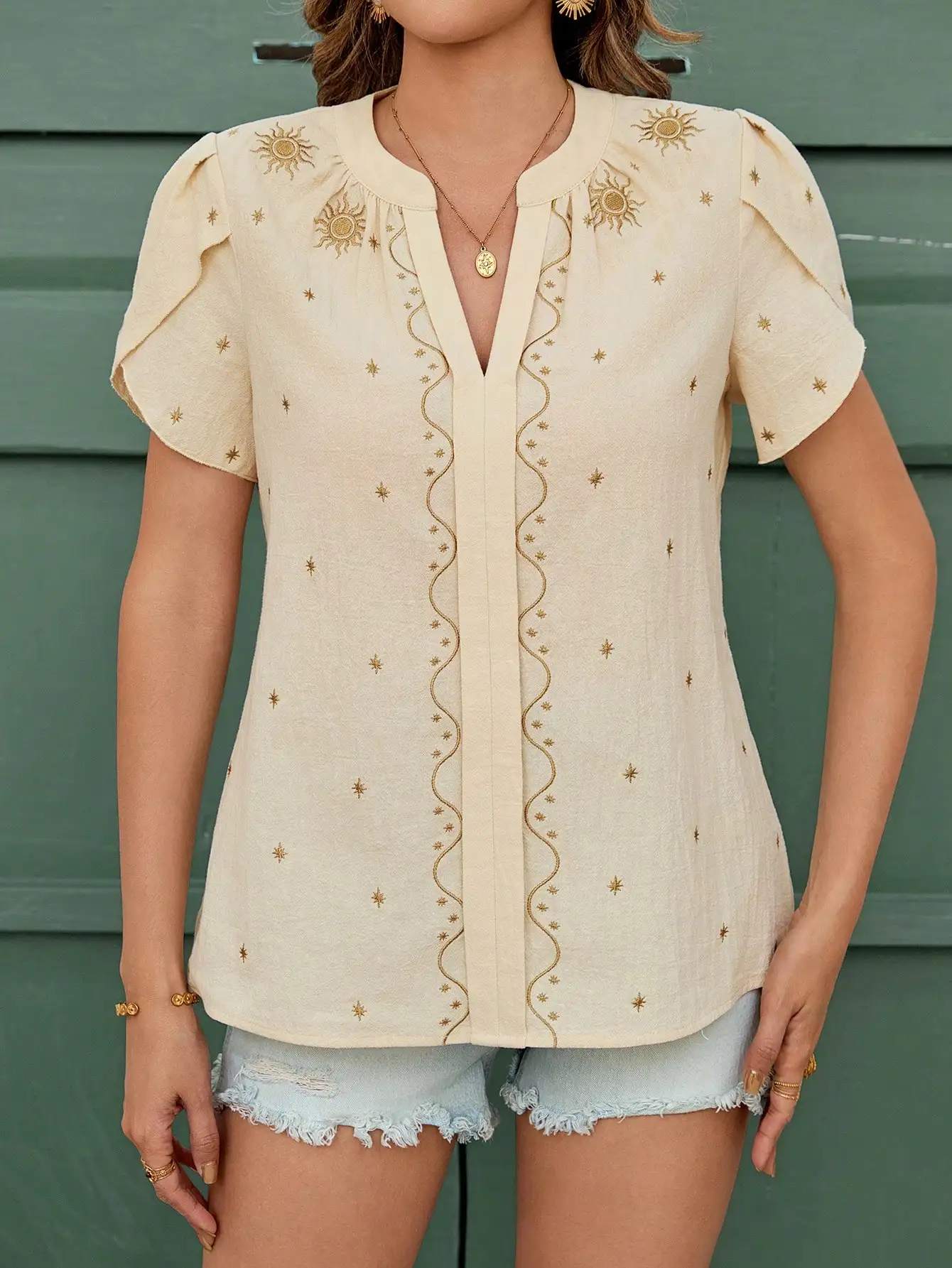 

Элегантная блузка с вырезом на горловине и вышивкой солнца и звезд, повседневный летний топ