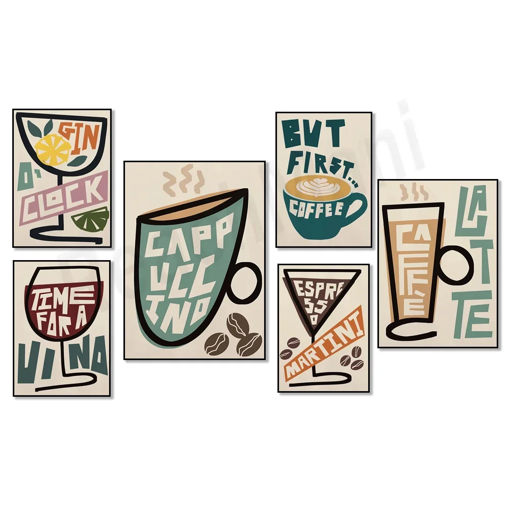 Cappuccino coffee art, gin, wine, latte, espresso martini cocktail, coffee quote, bar cart print, kitchen decoration poster