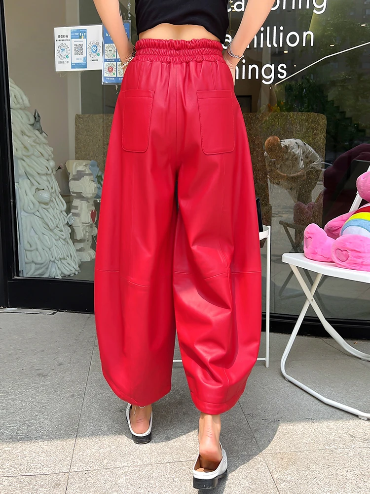 Women Baggy Drop Crotch Harem Pants Elastic Waist Loose Fit Sheepskin Genuine Leather Cross Pants Casual Ankle Length Trousers