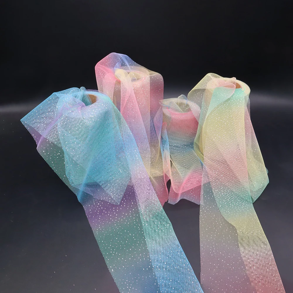 6cm Rainbow Gradient Tulle Ribbon Roll DIY Handmade Craft Hair Ornament Baking Decoration Craft Glitter  Mesh Fabric Supplies