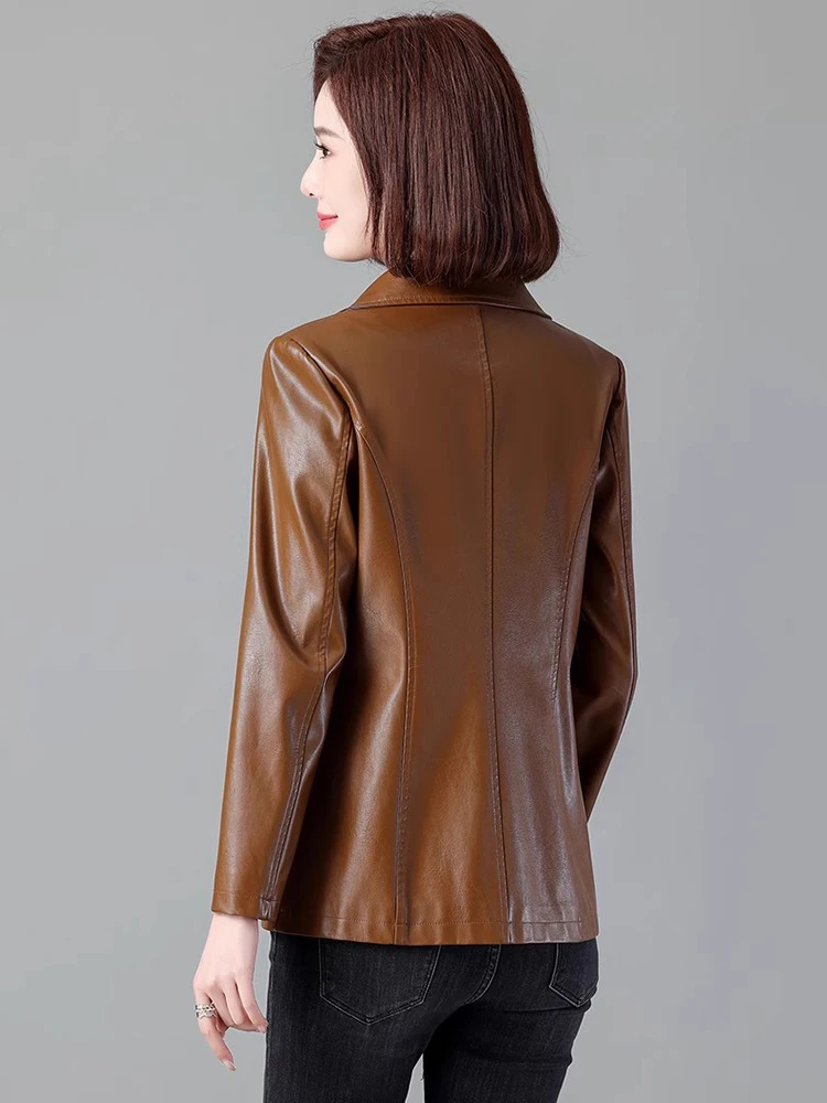 New Women Leather Blazer Spring Autumn Fashion Suit Collar Single Breasted Slim Leather Jacket Split Leather Long Sleeve Coat