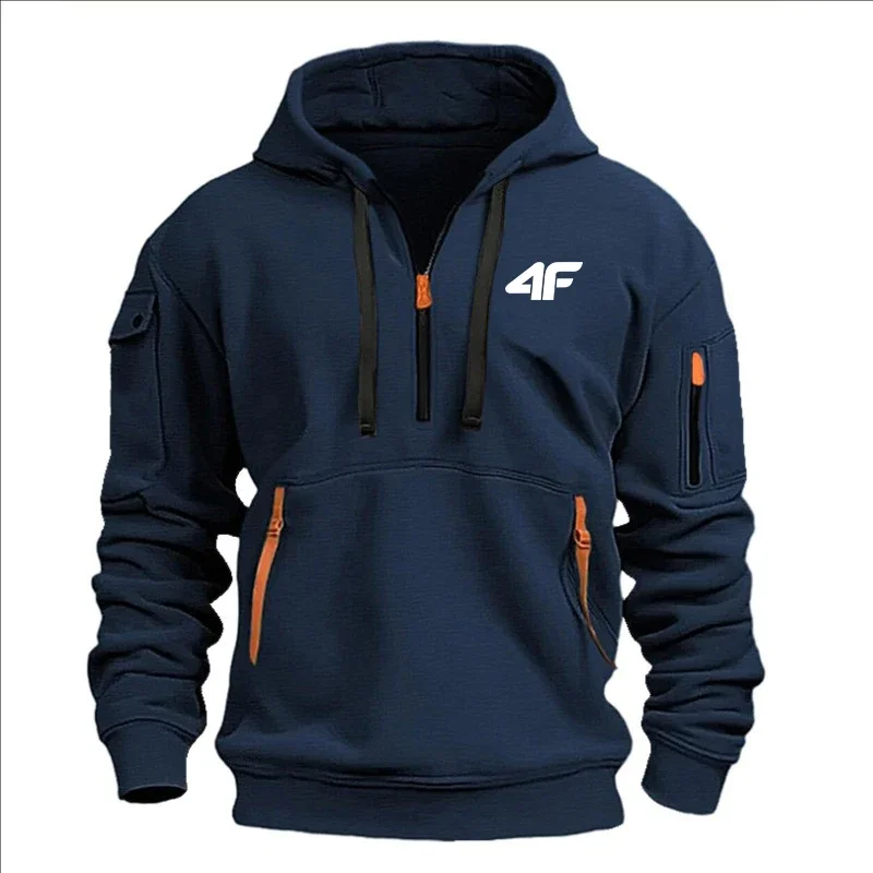

2025 Spring and Autumn long-sleeved zipper multi-pocket men's loose sweatshirt, fashionable fitness hooded casual pullover