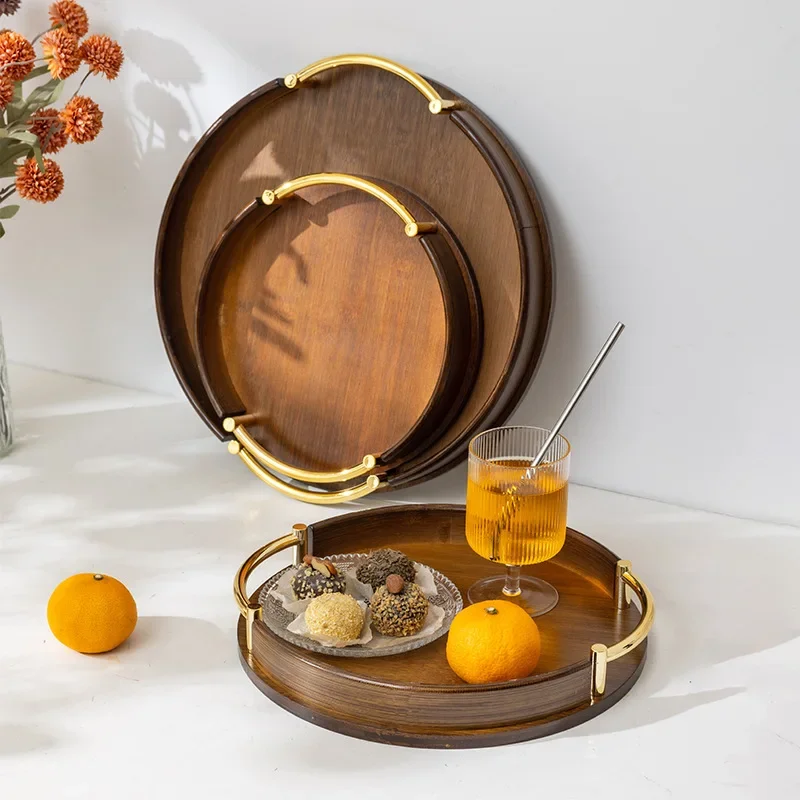 

Light Luxury and Simple Home Kitchen Round Bamboo Tray Home Restaurant Tea Set Small Tray Portable Fruit Snack Tray Dropshipping