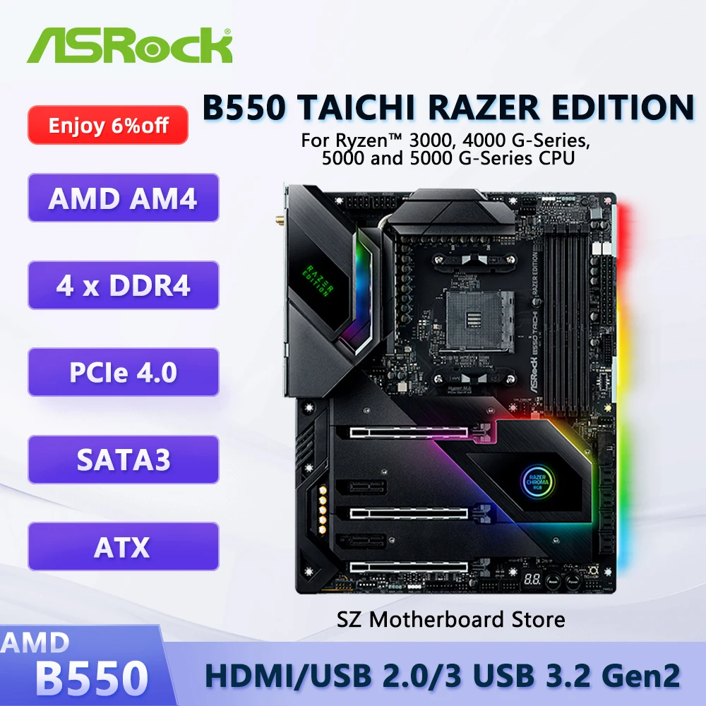 

ASROCK B550 TAICHI RAZER EDITION B550 AM4 Motherboard For Ryzen 5/7/9 5600X 5800X 5900X Update BIOS DDR4 5200+OC Mainboard ATX