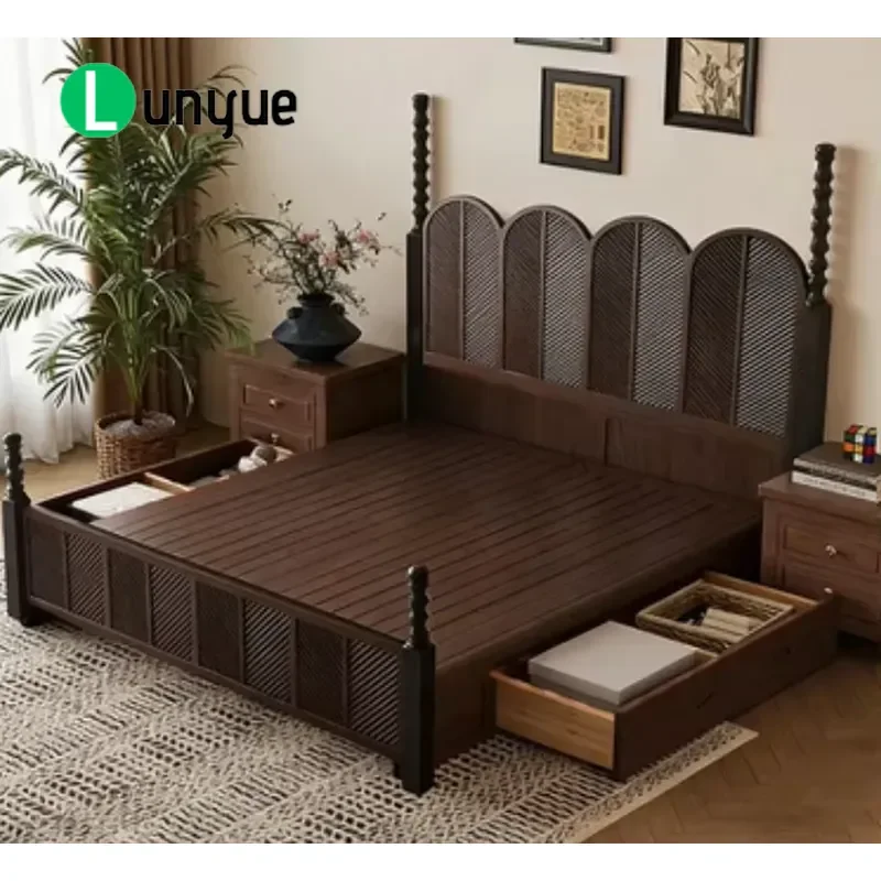Mid Century Modern Solid Wood Platform Bed with Rattan Headboard Retractable Storage King Queen Size Elegant Home Decor