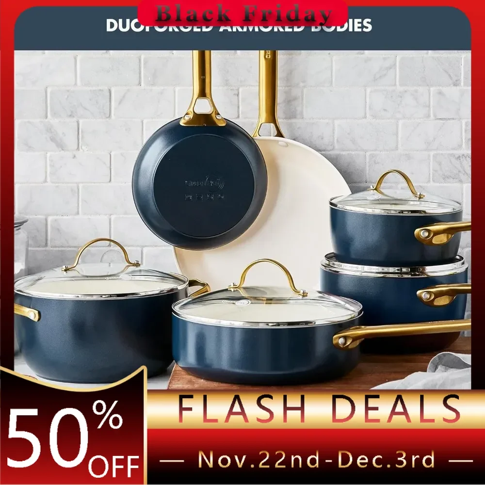 Reserve Hard Anodized Healthy Ceramic Nonstick 10 Piece Cookware Pots and Pans Set, Gold-Tone Stainless Steel Handles,