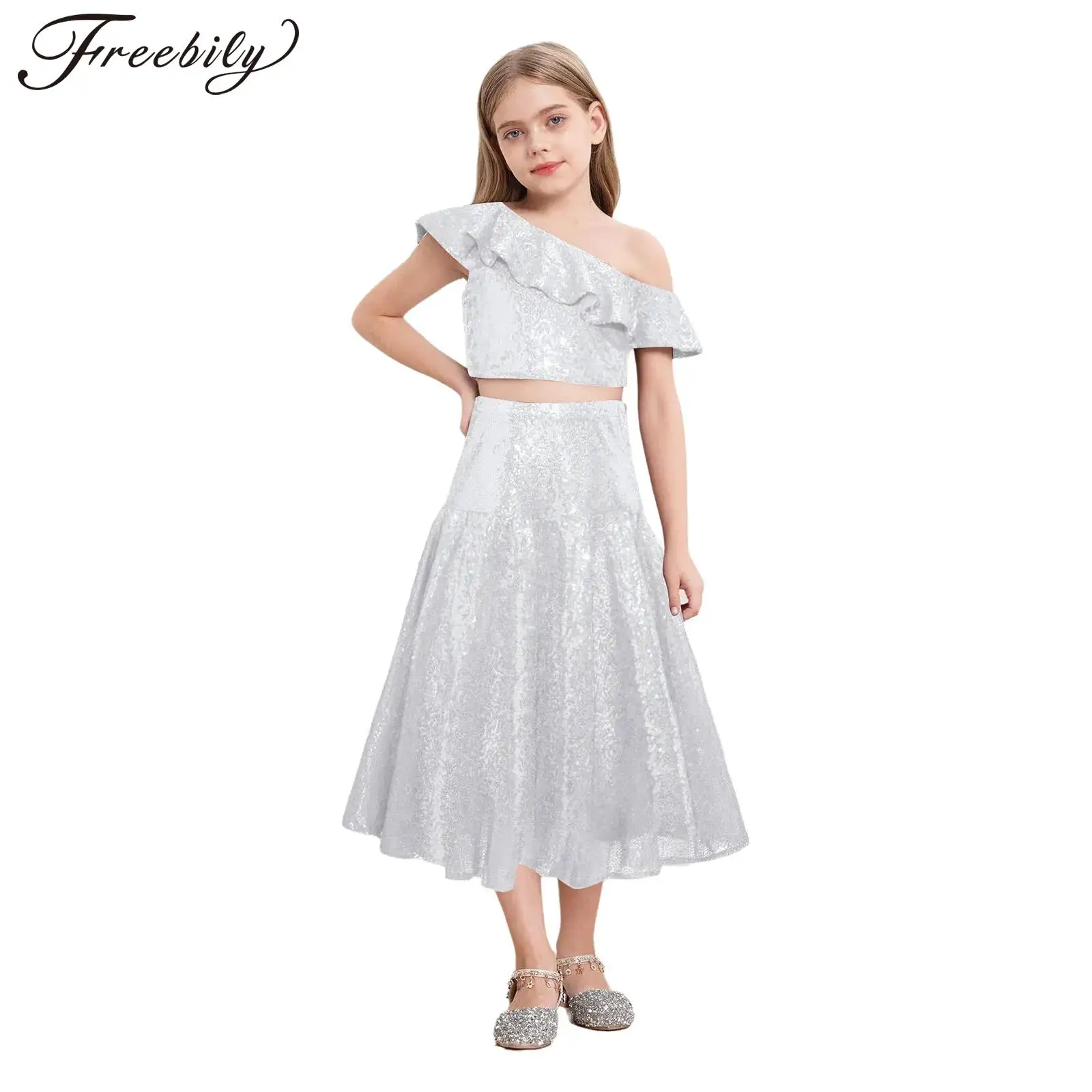 

Girls Elegant Pageant Party Outfit Shiny Sequin Oblique Shoulder Tank Tops with Skirt Wedding Cocktail Banquet Prom Kids Clothes