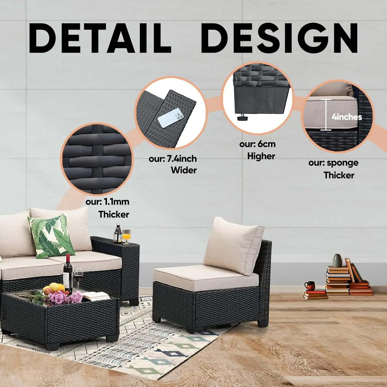 6 Pieces All Weather Patio Conversation Sets Wicker PE Rattan Outdoor Sectional Couch Sofa Set with Cushion & Coffee Table