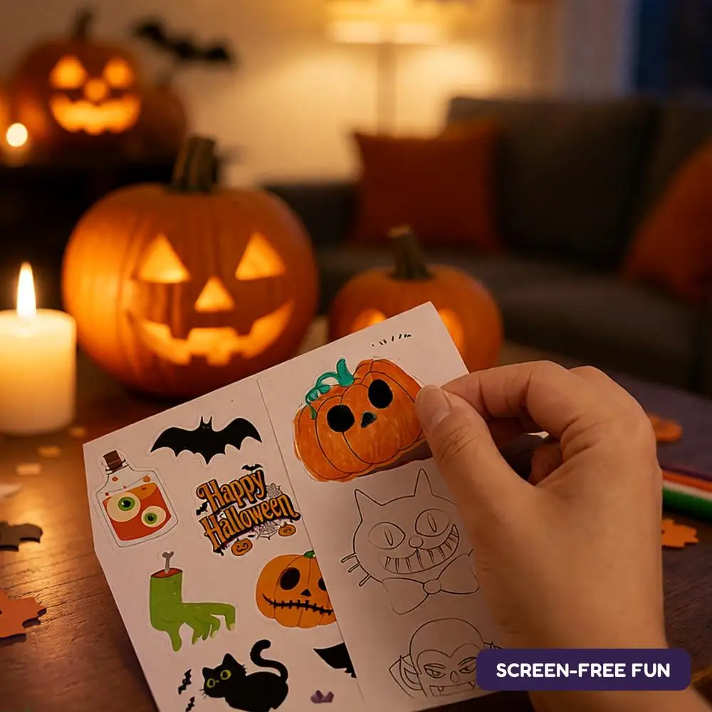 Halloween Folding Coloring Play Set 8 Cards 6 Pens for Kids Age 6+ DIY Paper Finger Puppet Craft Kit Screen Free Activity Gift