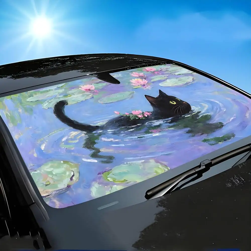 Gato de dibujos animados en hoja de loto parasol para coche cortinas parabrisas ventana delantera 70x130cm visera solar protección a cuadros regalo novedad coche