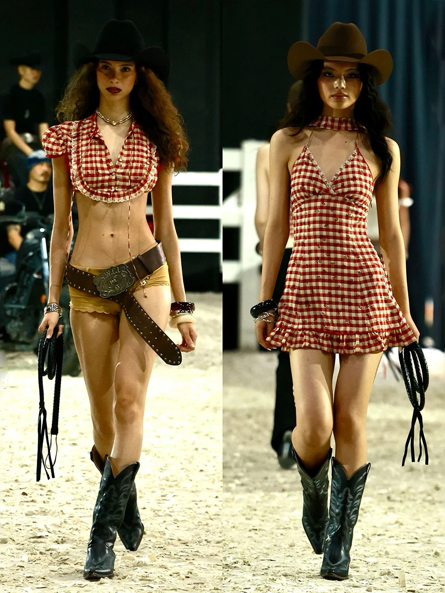 WEIRD PUSS Western Spicy Girl Plaid Print Sa Pendurado Ne Dr Mulheres Sli Emagrecer Or Saia Doce Sle Cintura Alta P...