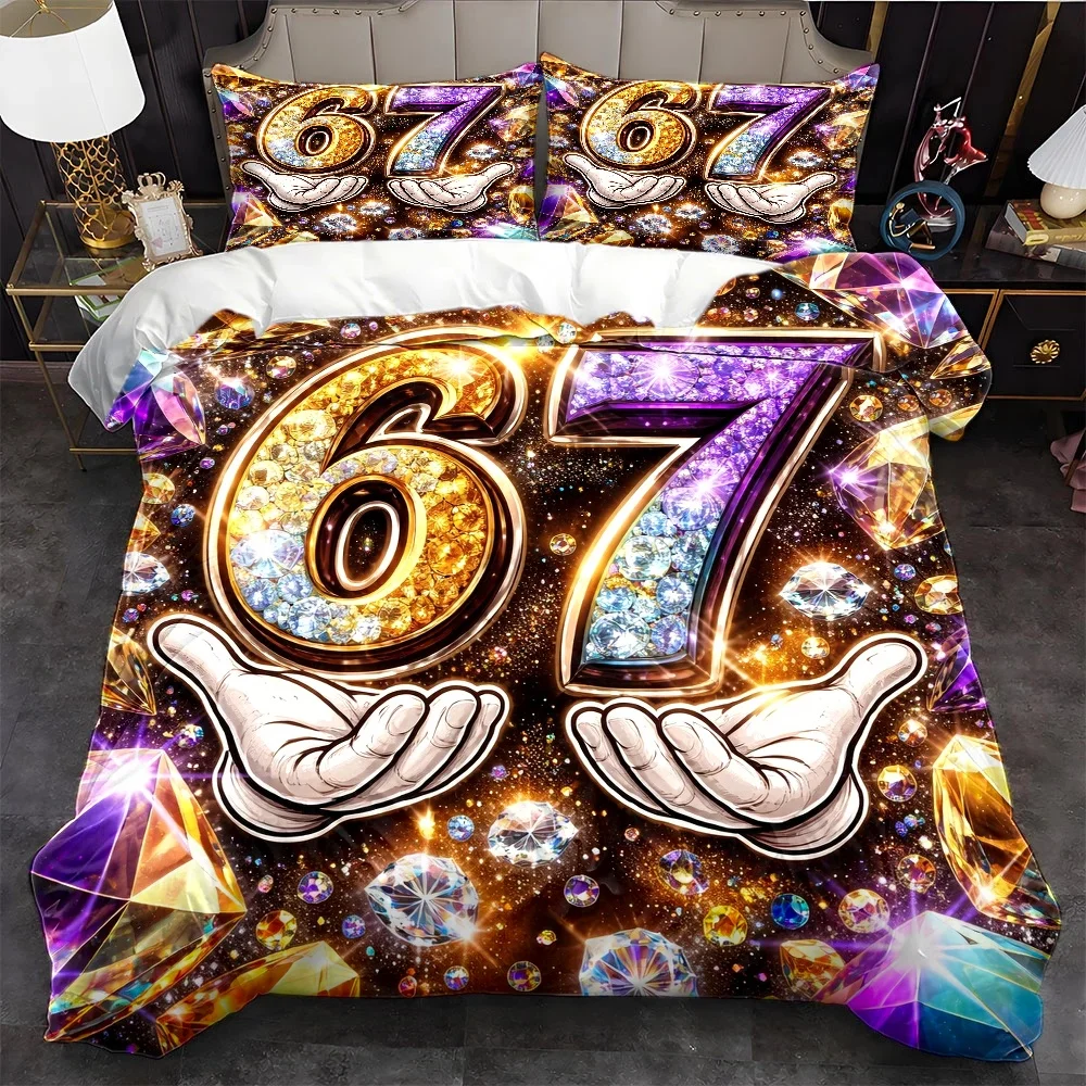 3Pc Luxury Diamond Number 67 Duvet Cover Set, Three-Piece Bedding Set (1*Duvet Cover + 2*Pillowcases), Suitable for All Seasons, Machine Washable, Invisible Zipper Double Bed Cover, Universal Bedding Set for Home, Dorm, Master Bedroom, Guest Room, Large Crystal Sparkling Design Duvet Cover Three-Piece Set, Brilliant Gemstone Style Bedding Three-Piece Set, Fashionable and Unique Digital Element Bed Cover Set, Comfortable and Skin-Friendly Bedroom Bedding Set 2D Flat Print