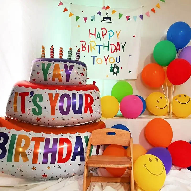 3D Birthday Cake Aluminum Film Balloon Decoration Color Double Layer Cake 1 Year Old Baby Celebrate Birthday Party Supplies