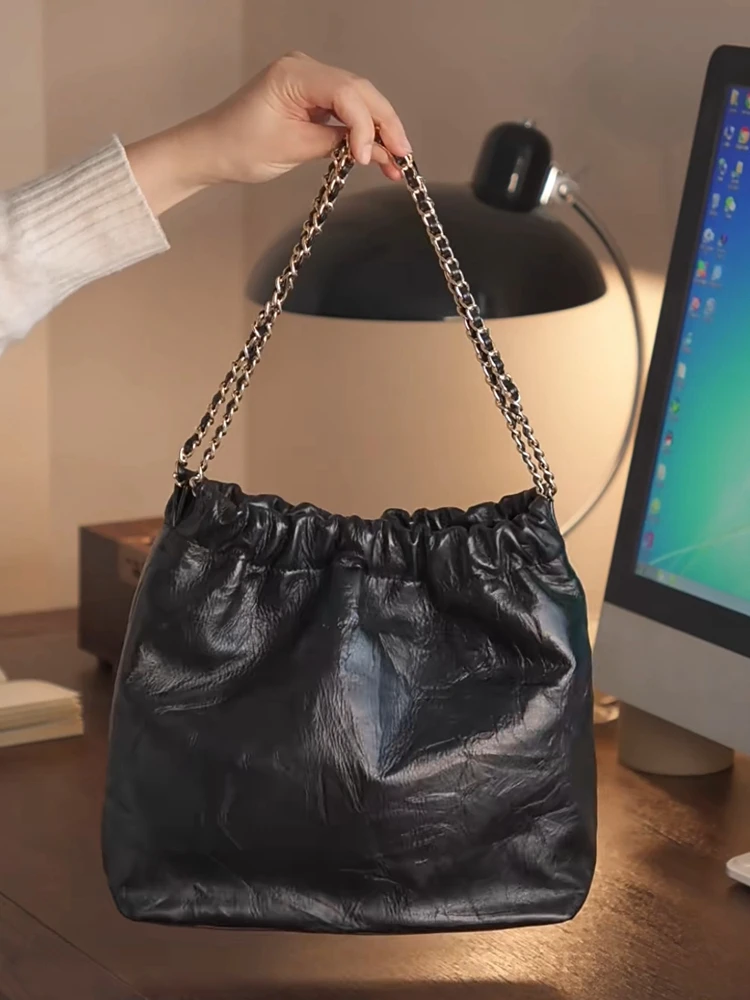 Black Luxury Chains Genuine Leather Women Bag\Handbag Real Leather Soft Tote Shoulder Commuter Shopping Bucket Bag High Quality