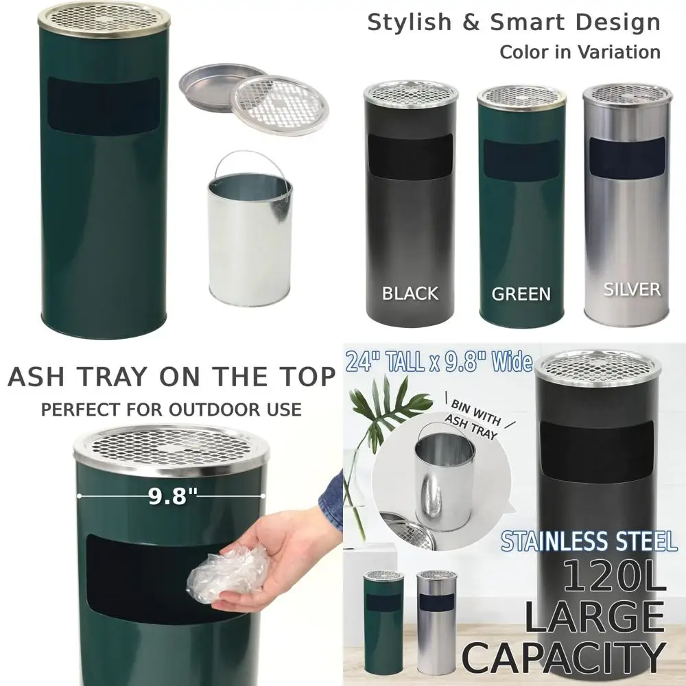 

Stainless Steel Outdoor Ash Receptacle, Round Commercial Waste Bin for Office and Hotel, Green