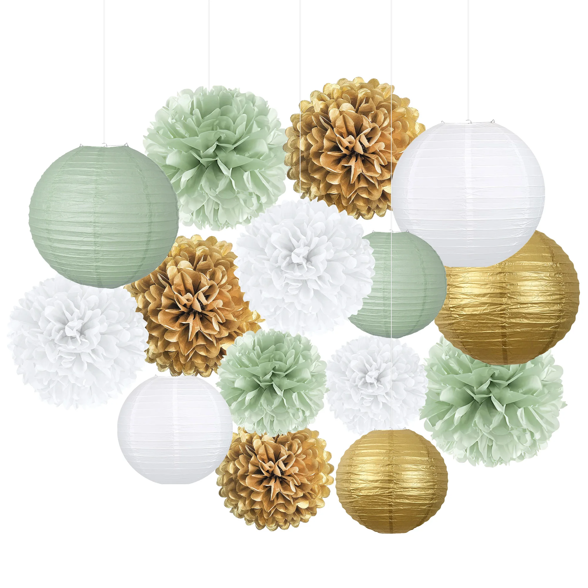 Green and Gold Party Decorations Set, 15Pcs Paper Lanterns and Tissue Pom Poms Flowers, Party Hanging Decorations for Birthday