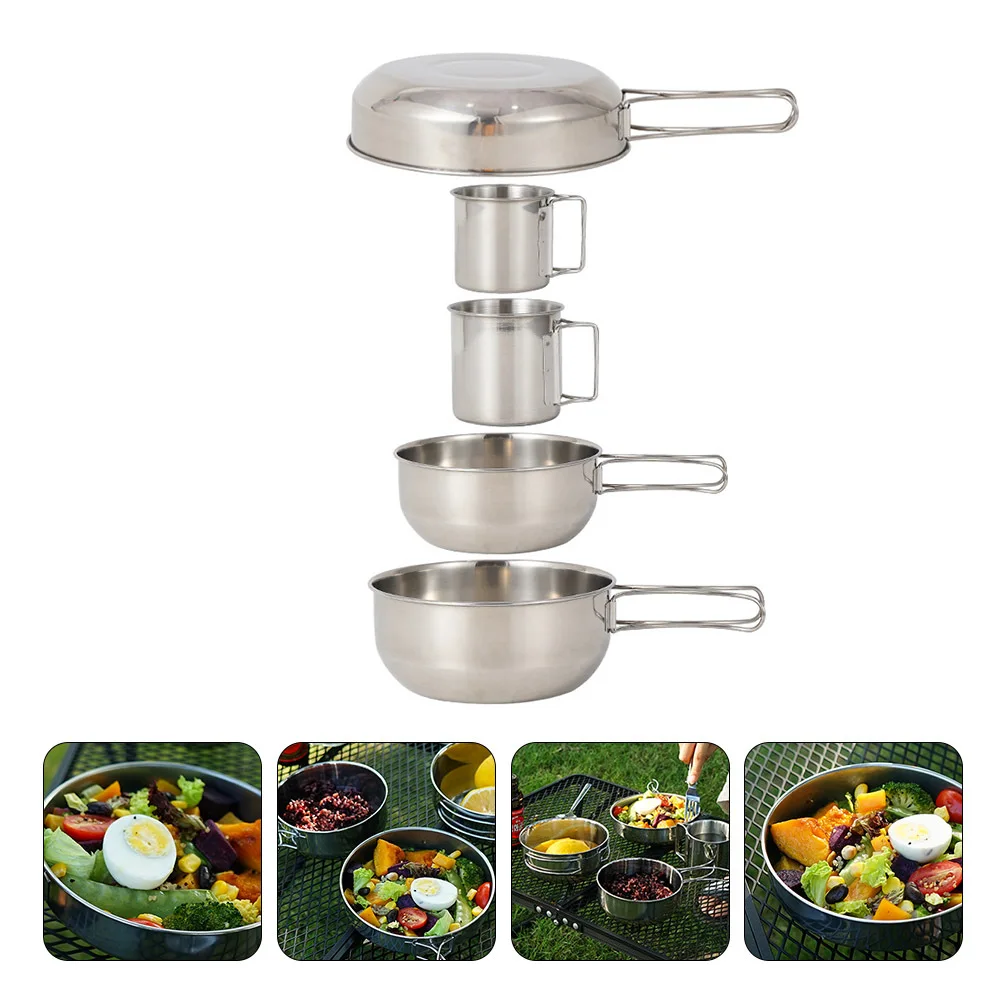 

5Pcs Stainless Steel Camping Tableware Set Durable Superposition Storage Cup Pot for Picnic Bbq Hiking Outdoor Cooking