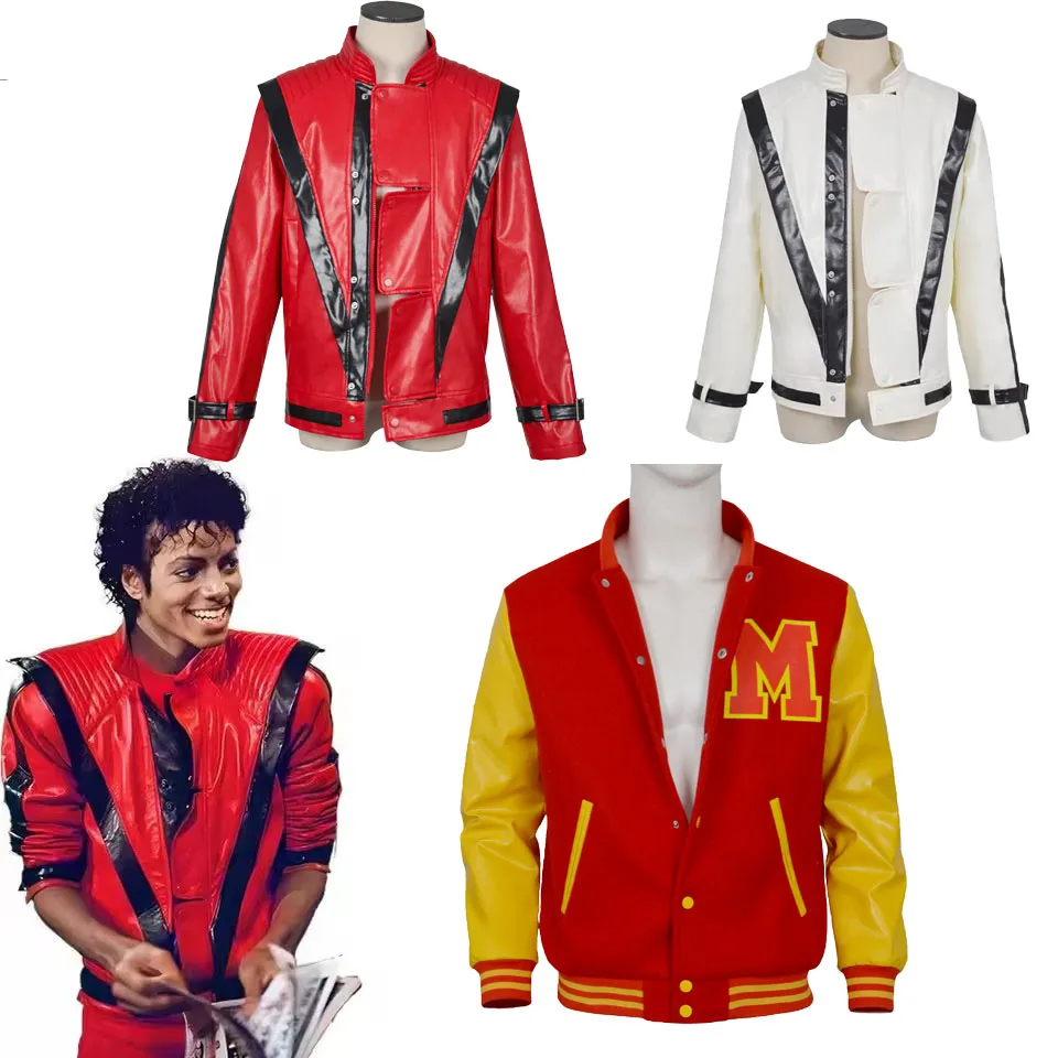 Disfraces de cosplay de Michael Jackson, chaqueta Thriller de alta calidad, cuero PU blanco, imitación retro para espectáculos MV, traje para