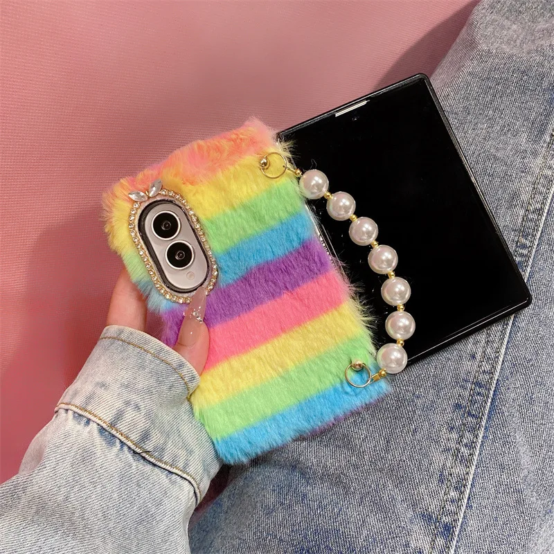 Luxury Colorful Rainbow Striped Plush Phone Case For Samsung Galaxy  Z Fold 8 Ultra 7 6 5 4 3 With Pearl Chain Shockproof Cover