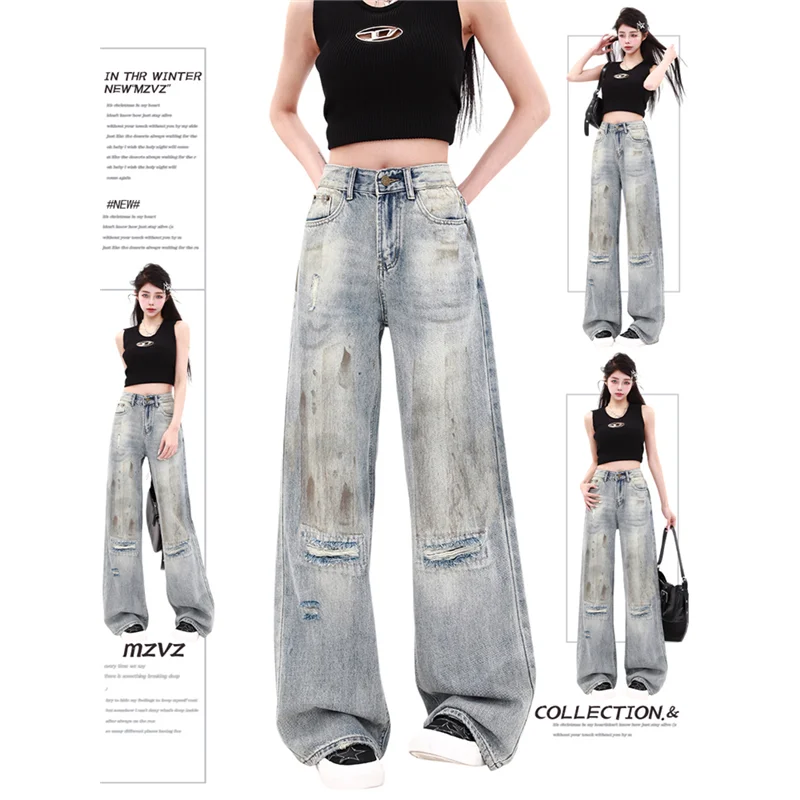 

Blue Ripped Jeans Women High Waist America Feeling Street Wide Leg Pants 90s Vintage Ins Straight Baggy Plus Size Denim Trousers