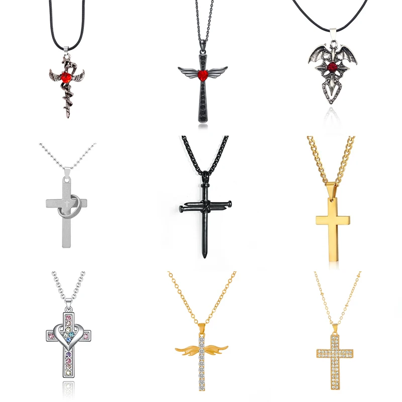 Vintage Gothic Nail Cross Pendant Necklace for Women and Men Angel's Wings Crystal Kindness Choker Necklace Party Jewelry Gifts