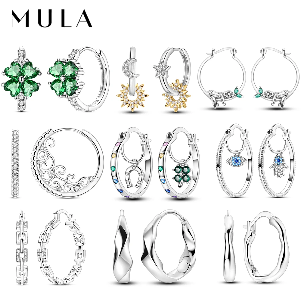 Pendientes MULA de Plata de Ley 925 con diseño Vintage de trébol, Pendientes de aro para mujer, Pendientes originales de circón, joyería fina