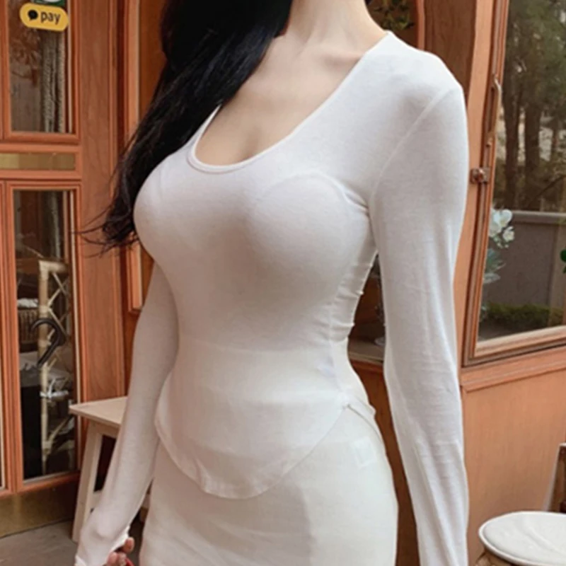 Spring Summer Sexy Slim Fit Tee Curved Hem Thin See Through Versatile Short Sleeve Top 2026 Fashion Women's Long-Sleeve T-Shirt