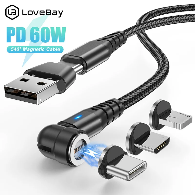 Lovebay 60W PD Magnetic Cable For iPhone 13 12 Samsung Xiaomi Macbook Huawei Fast Charger Cable USB C To Type C Micro Data Cable