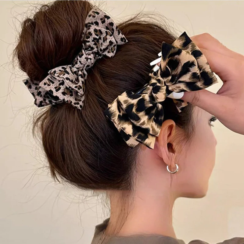 Pinza para el pelo con lazo y estampado de leopardo Vintage para mujer, moño avanzado para el pelo, accesorios para el cabello versátiles a la moda en la parte posterior de la cabeza, 2025