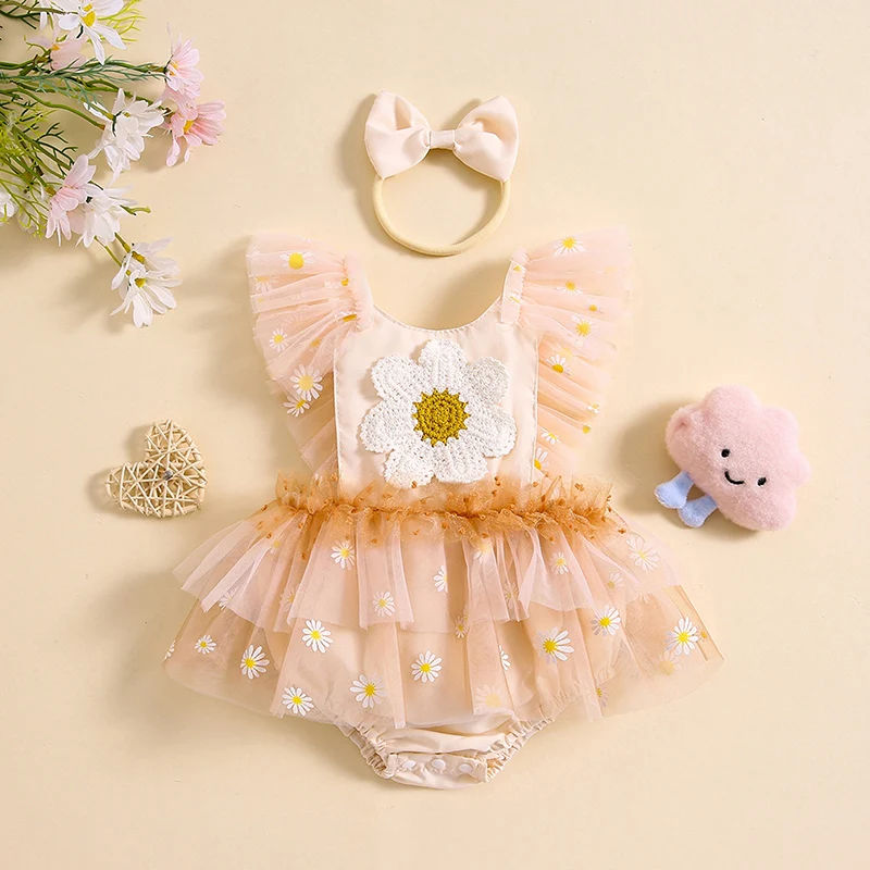 Infant Newborn Baby Girl Summer Clothing Sweet Flower Embroidery Fly Sleeve Mesh Romper Dress Jumpsuit And Headband Outfits