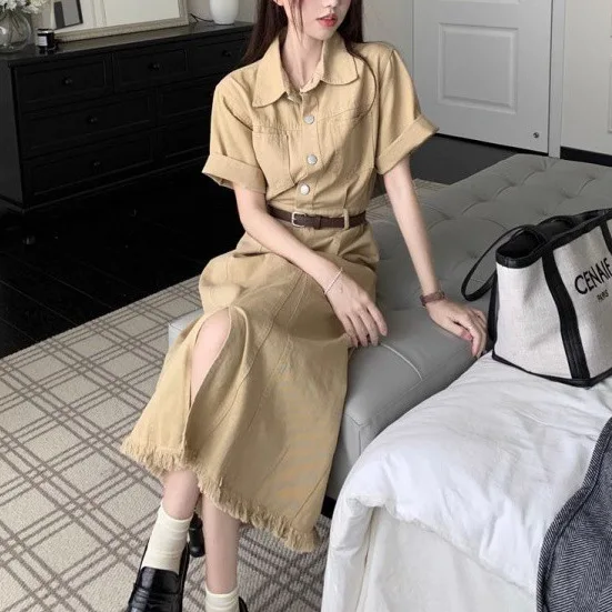 New Design Japan Style Women Chic Korea Basic Wear Casual Robe Solid Pockets Vintage Long Button Shirt Dress Belt Vestidos