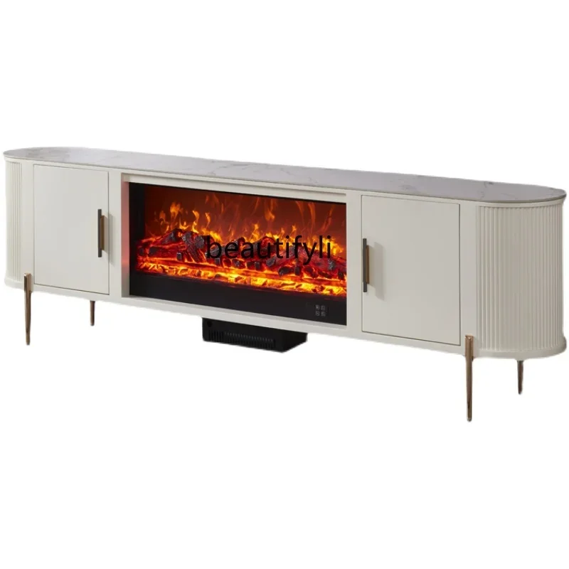 Fireplace TV Cabinet Solid Wood Simulation Fireplace Curio Cabinet Villa Stone Plate Fireplace Heating