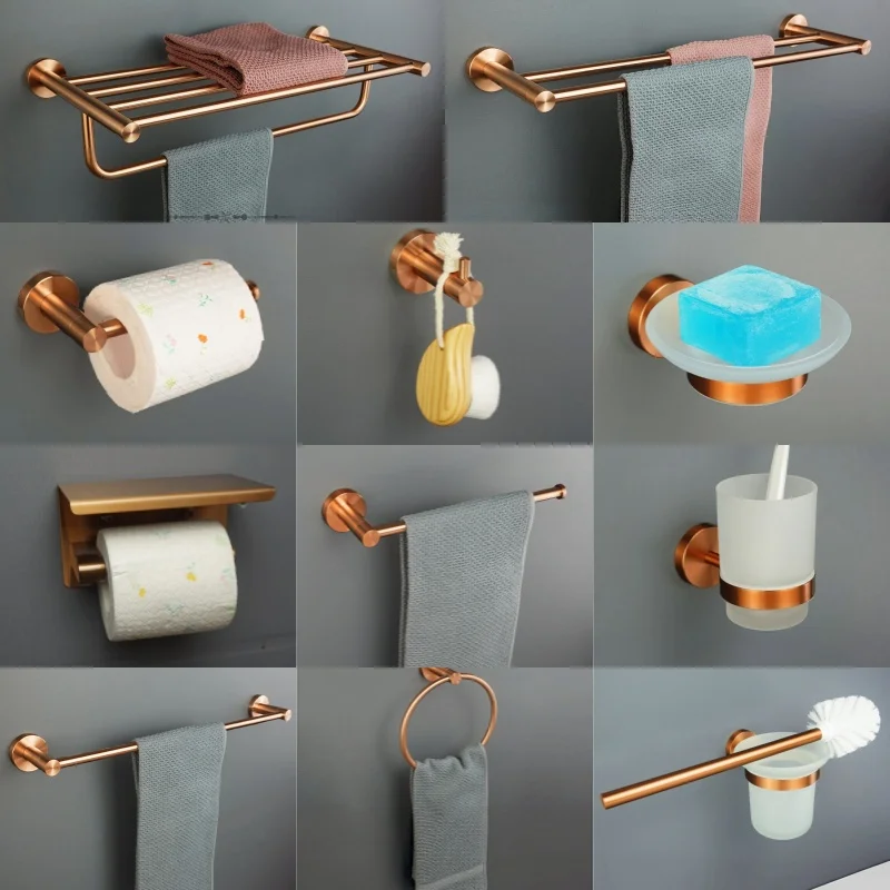Brushed Rose Gold Stainless Steel Wall-Mounted Bathroom Set - Elegant Toilet Paper Towel Holder Soap Dispenser Robe Hook