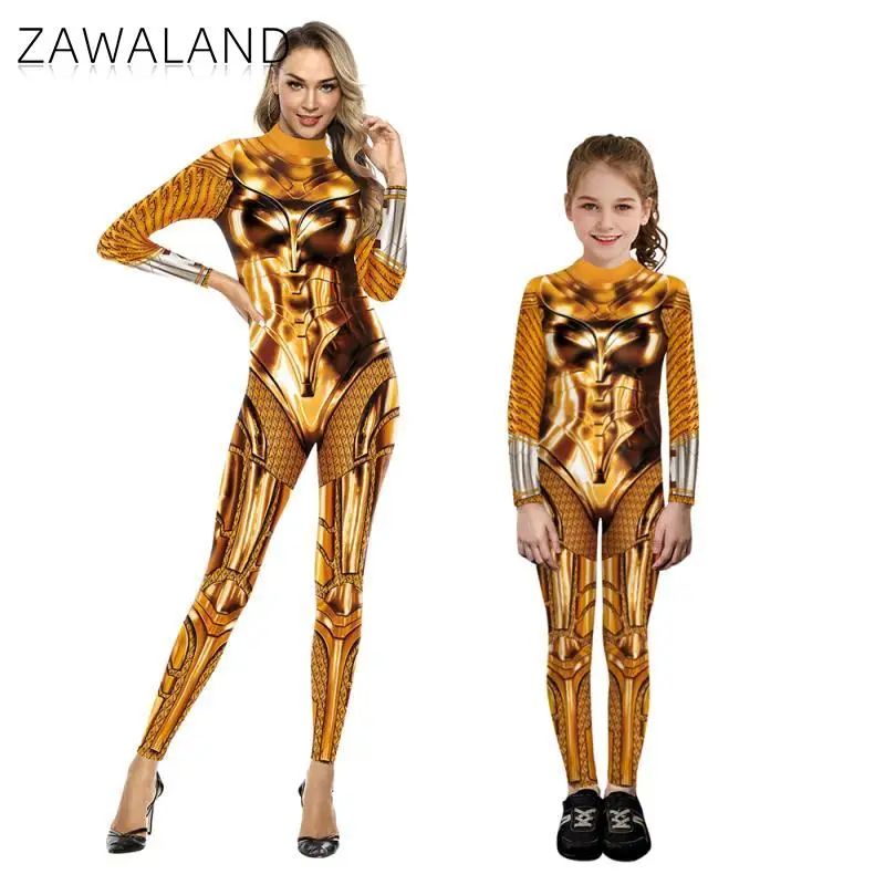 Zawaland Halloden Familie Bijpassende Outfits Gouden 3d Geprint Cosplay Kostuum Spandex Catsuit Ouder-Kind Bodysuit Zentai Pak