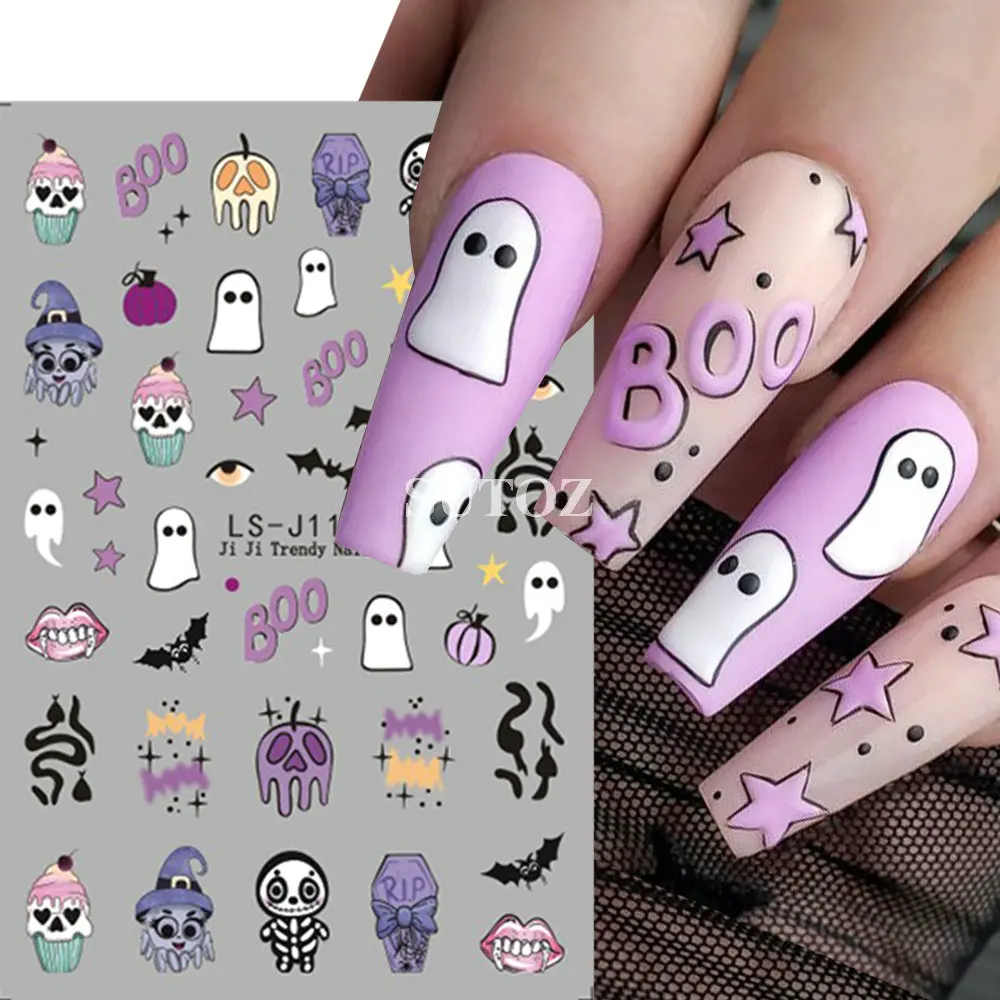 Cartoon Ghost Nail Stickers Halloween Decoratie Schattige Pompoen Schuifregelaar Hart Spinnenweb Bat Skull Charms Manicure Sticker LEBLS-J116