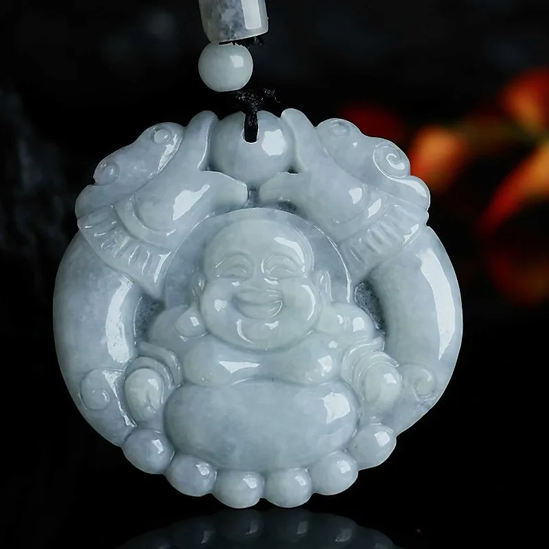 

New Jade Double Dragon Laughing Buddha Maitreya Buddha Pendant Ice Type Men's and Women's Simple Pendant