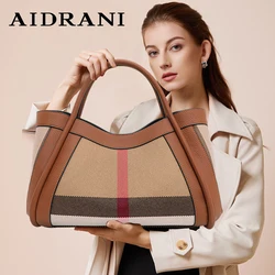 Aidrani  New high-capacity women's handbag, plaid design, canvas and cowhide materials, caramel color