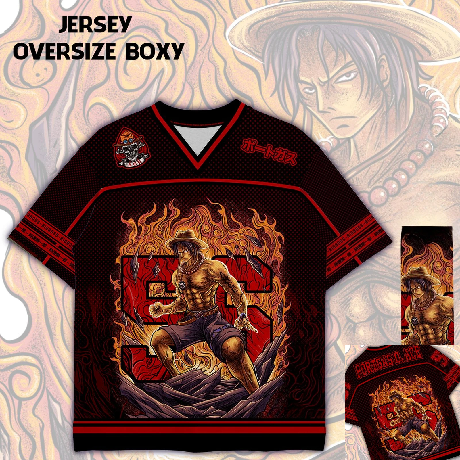 56 Jersey One Piece Fire Fist Ace Anime Y2k Koreanischer Stil Baseball Hockey T-Shirt Mode Streetwear Anime Täglich Unisex Tops T-Shirts