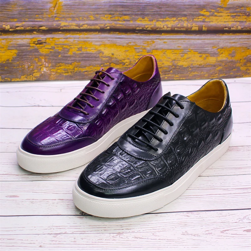 Luxury purple casual leather shoes men\'s cowhand crocodile embossed purple black men\'s plate-size flat sneakers A19