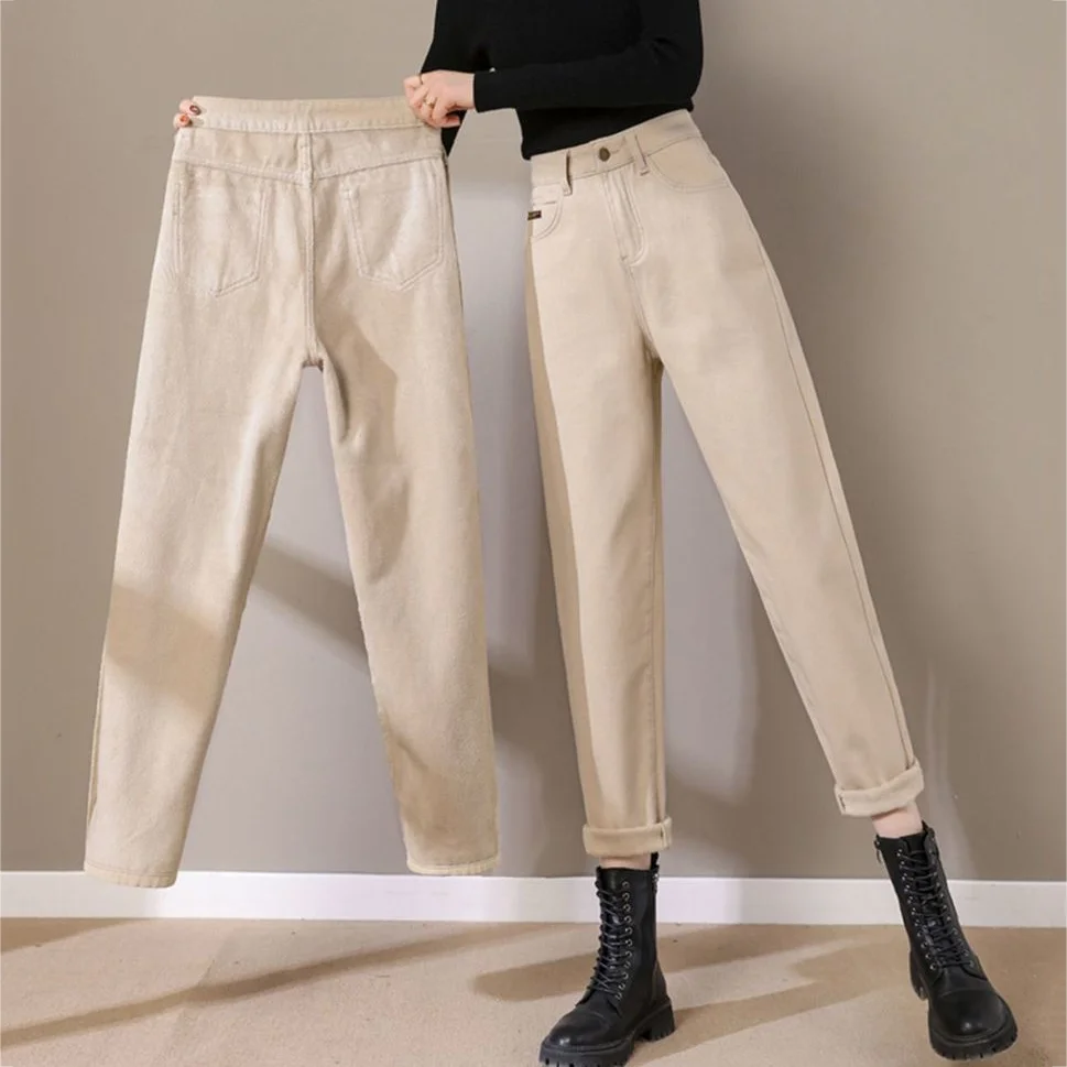 Women Plus Velvet Ankle Length Winter Jeans High Waist Thicken Warm Casual Plush Denim Pants Korean Fashion Khaki Harem Vaqueros