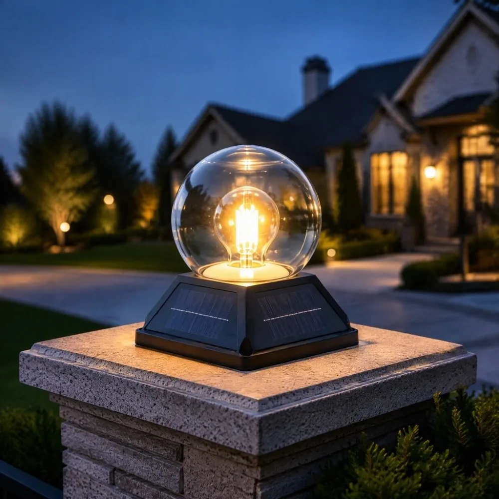 Column Light Round Ball Solar Post Light Remote Control IP65 Waterproof Solar Lamp Modern Minimalist Timer Moon Lamp Garden