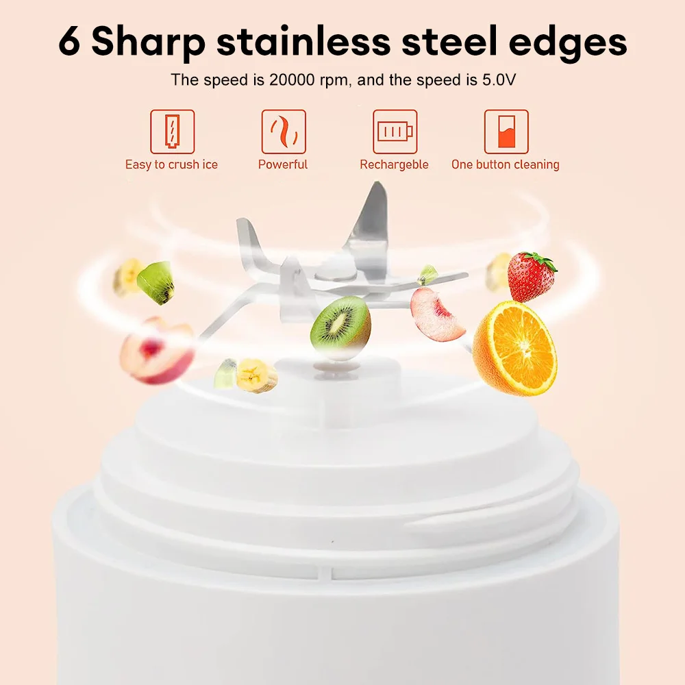 600ML Portable Blender 6 Baldes Personal Blender 4000mAh USB Rechargeable Juicer Cup Smoothies Fresh Fruit Juice Mixer