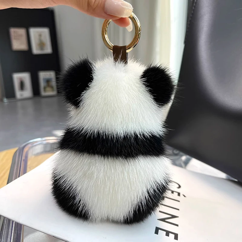 LLavero de coche de oso Panda de peluche pequeño para mujer, adornos de bolso, piel de visón de imitación, lindo llavero de coche, regalo de moda