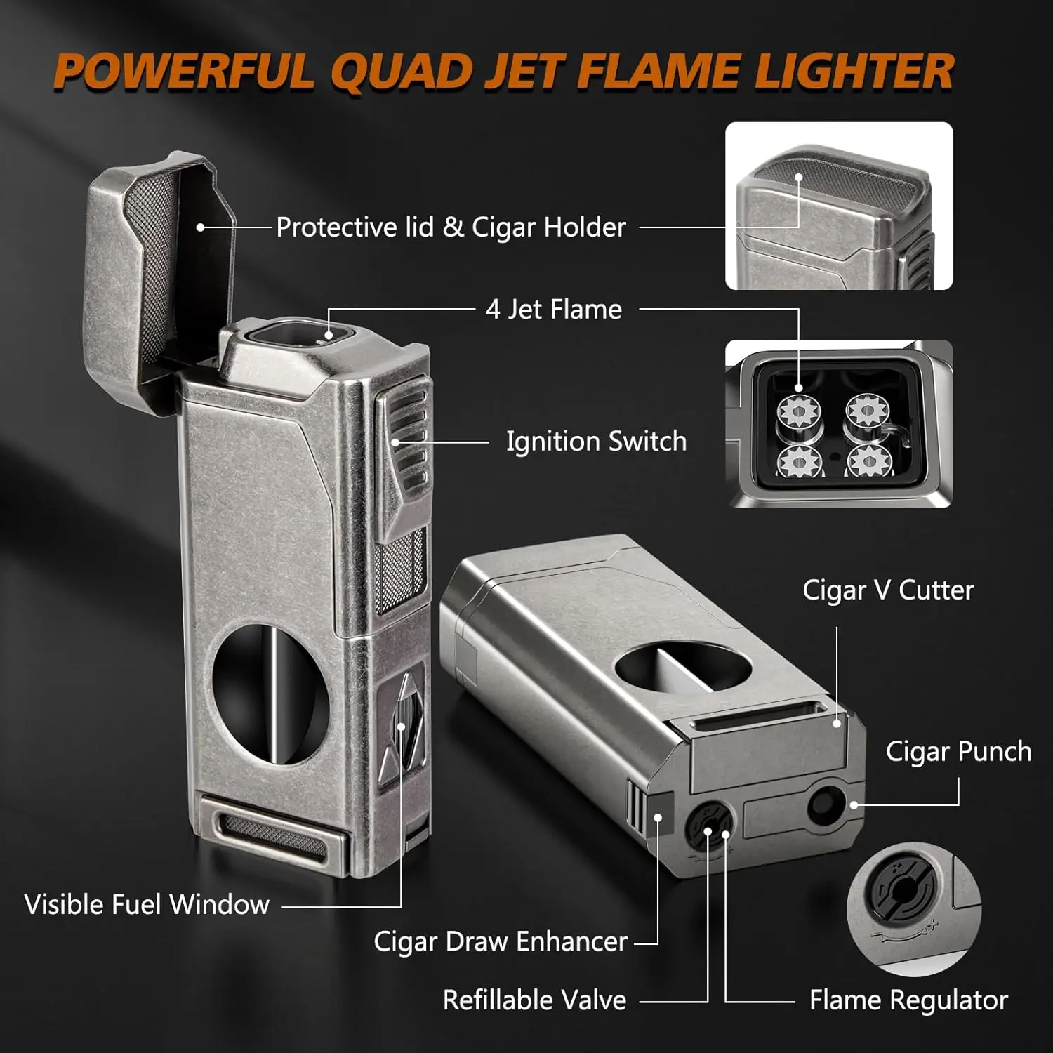 Scotte Cigar Lighter 4 Jet Flame,Refillable Butane Lighter with Cigar Cutter V Cut Cigar Punch Cigar Holder Cigar Draw Enhancer