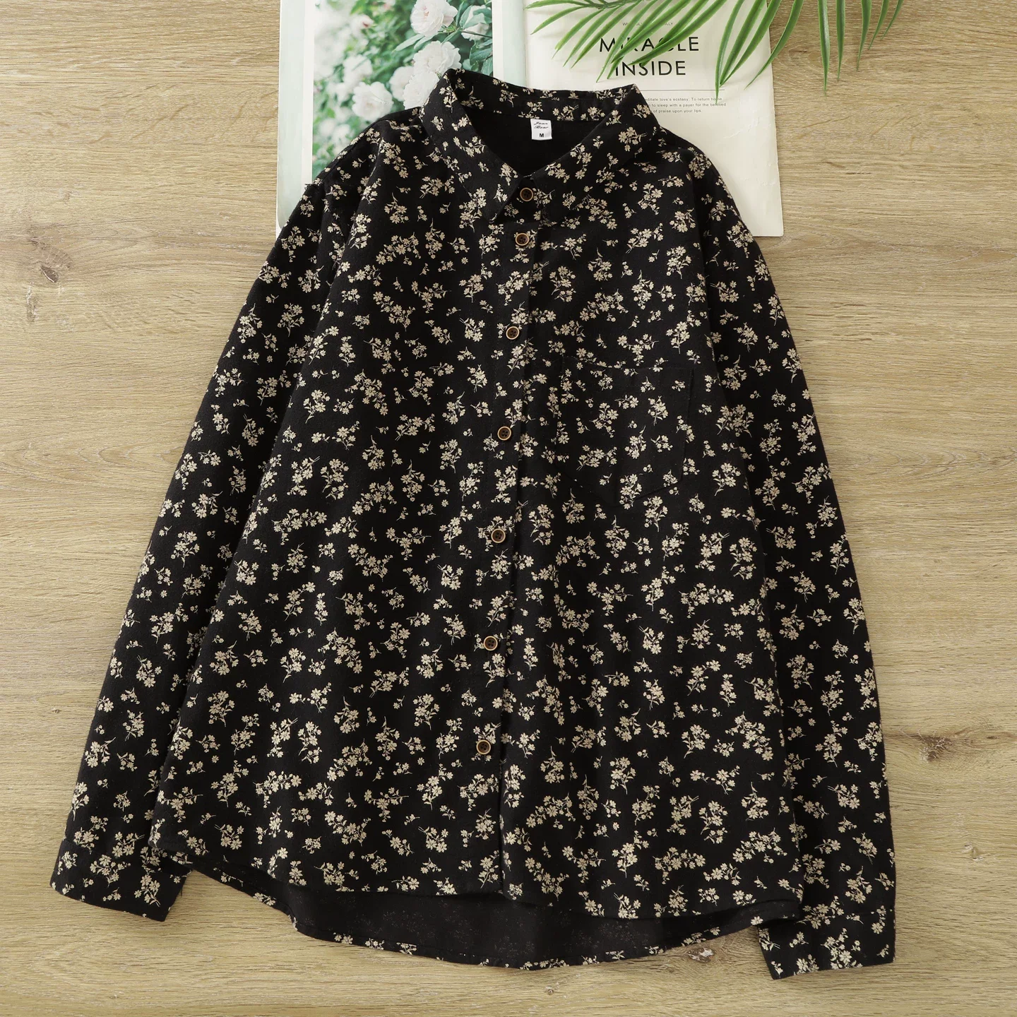 

2026 винтажные женские блузки и рубашки из чистой хлопчатобумажной пряжи среднего возраста, японские модные рубашки с длинными рукавами кофейно-зеленого и черного цвета с принтом