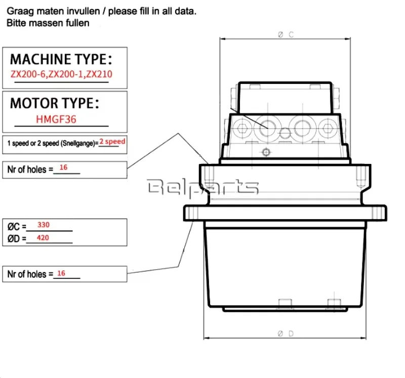 HMGF36 Travel Motor Assembly Final Drive Assembly Excavator Hydraulic ZX200 ZX200-6, ZX200-1, ZX210