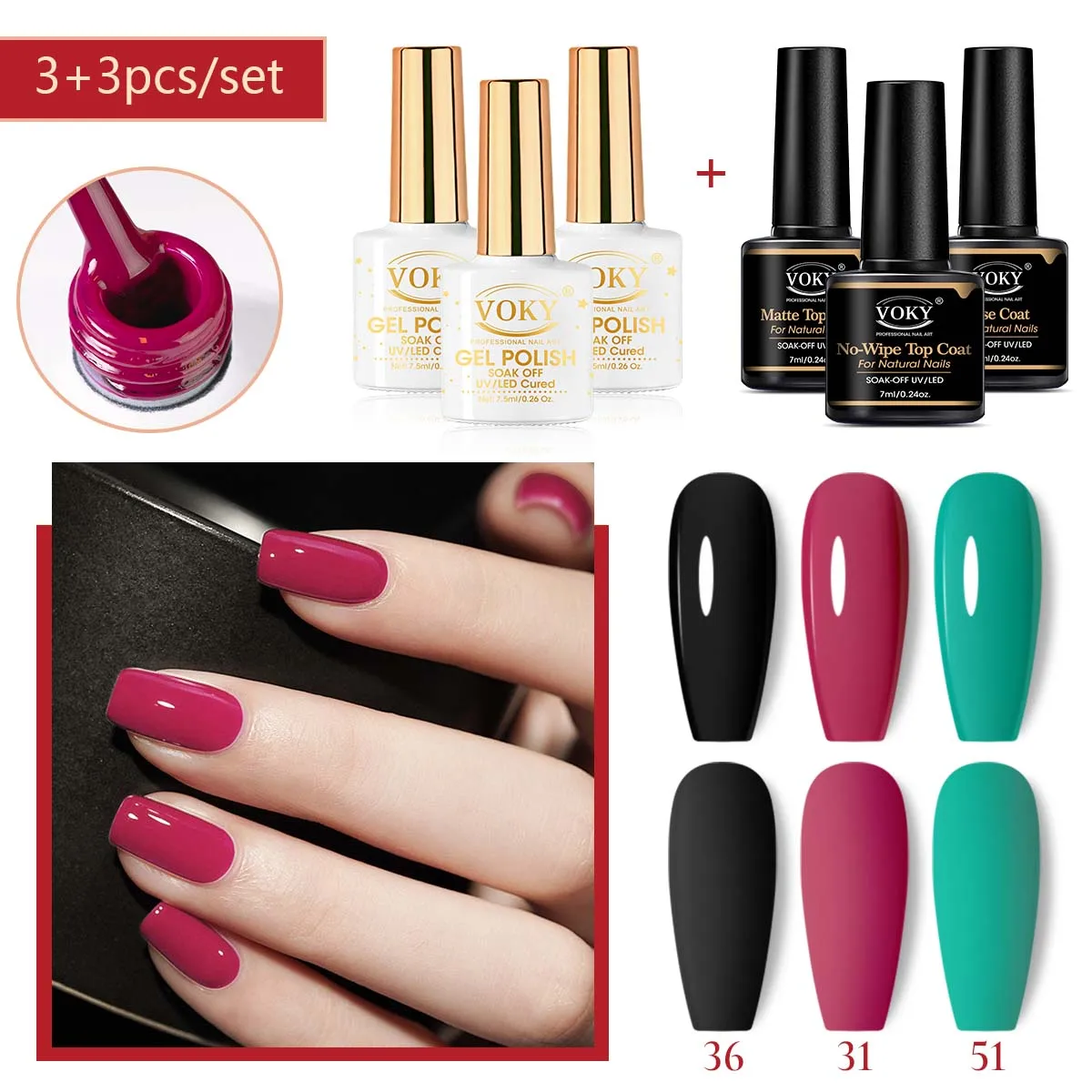 VOKY-Juego de 6 esmaltes de uñas en gel para mujer, Kit de colores, capa superior mate, capa superior y capa Base, 7ML, adecuado como regalo