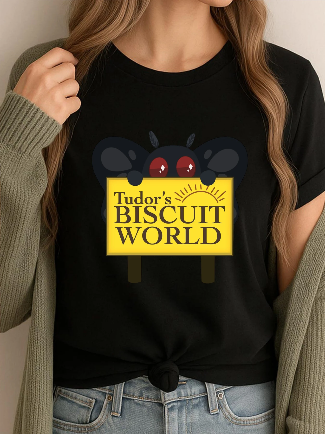 

Retro Printed Tees Mothman With A Tudors Biscuit World Sign Graphic T Shirts Men Cotton Comfortable Short Sleeve Tee